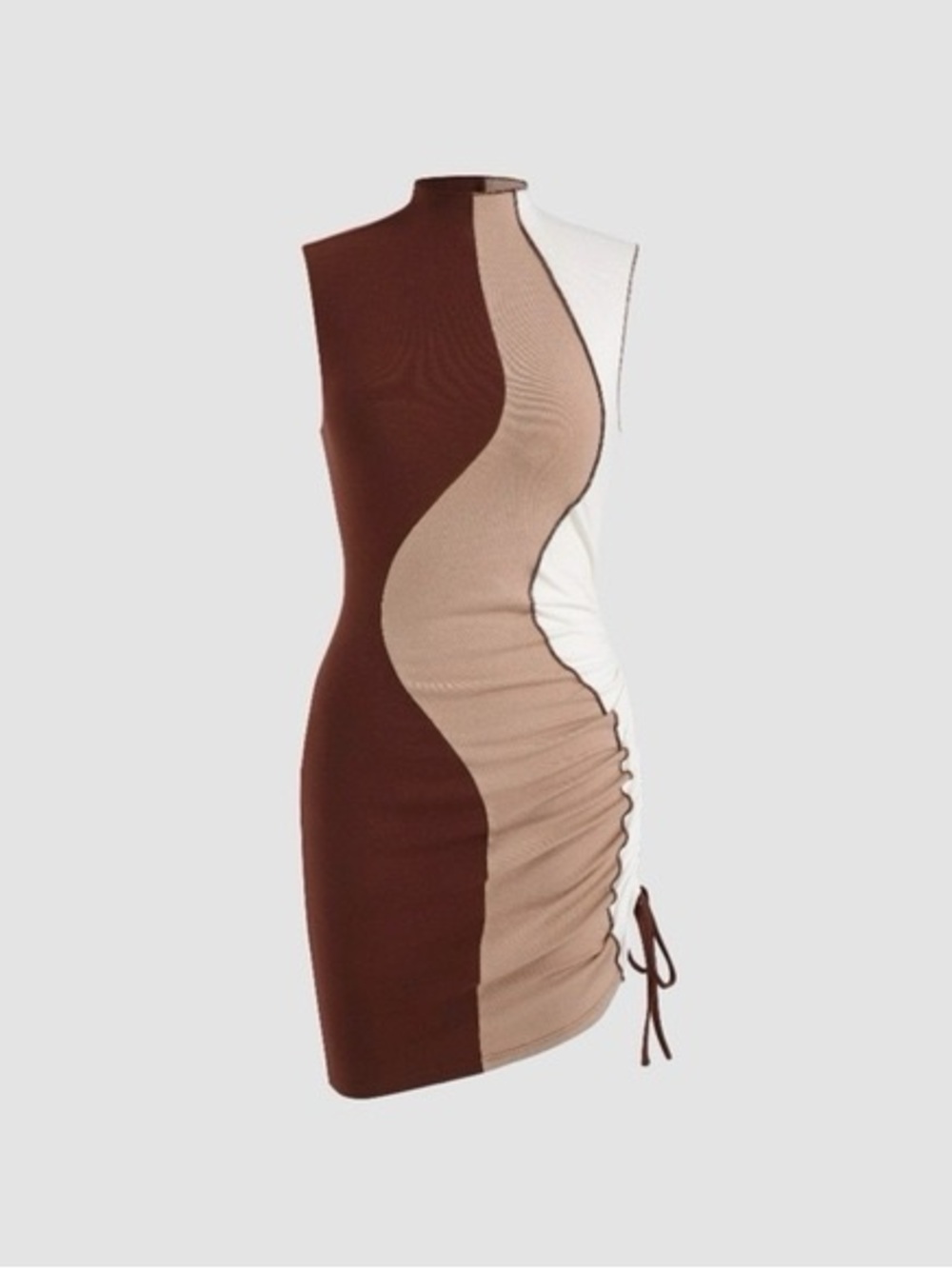 Colorblock Sleeveless Bodycon Dress in Brown, Beige & White